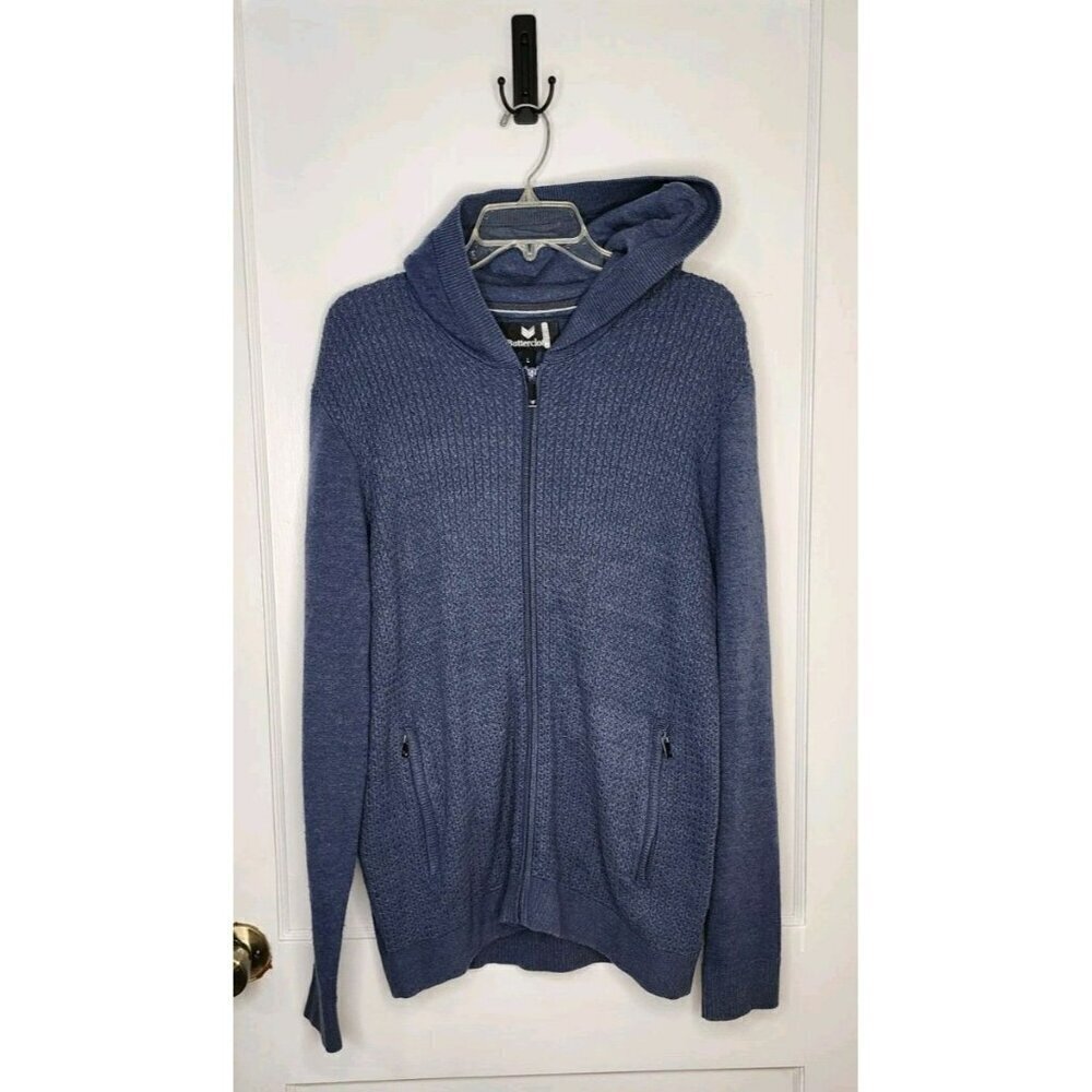 Buttercloth Men’s Out And About Cable Knit Navy Full Zip Hoodie Sweater Sz Large